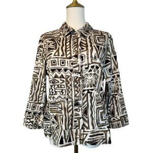 Vintage Sportelle Black and Brown Geometric Tribal Jacket Shirt Petite Large PL